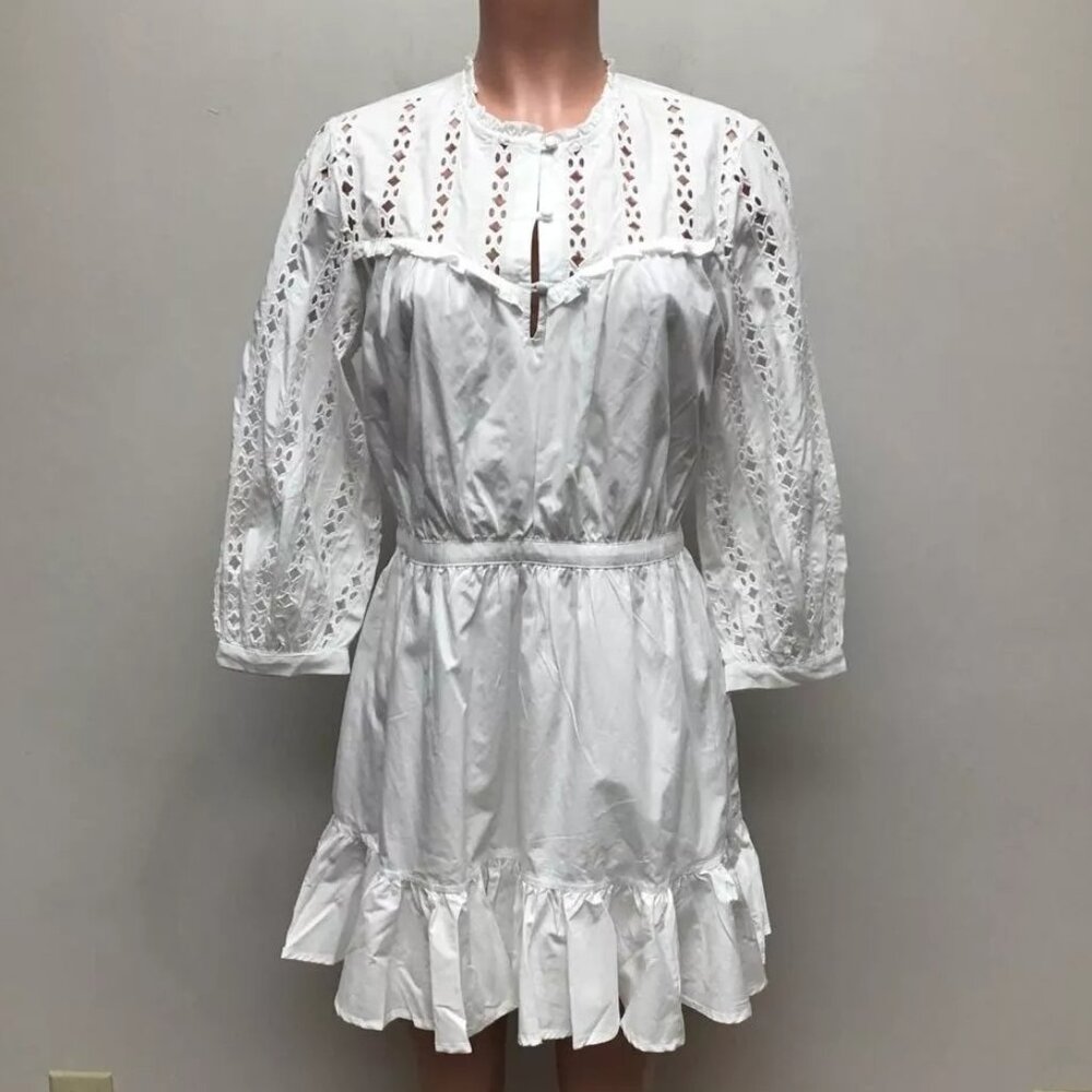 $160 Something Navy White Ruffle Long Sleeve Eyelet Mini Dress XS